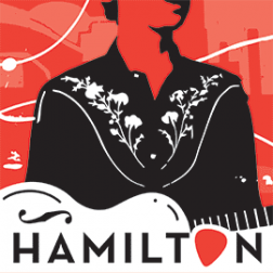 Graphic of a person with a guitar with the text Hamilton 